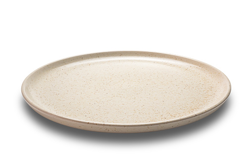 High angle view of empty brown spotted shallow ceramic plate isolated on white background with clipping path.