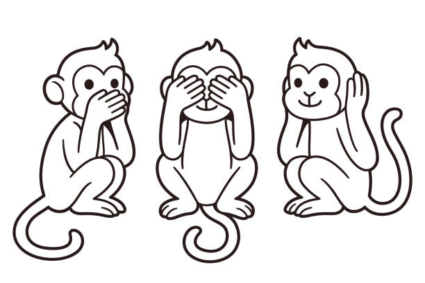 Three wise monkeys line drawing Three wise monkeys with hands covering eyes, ears and mouth: See no evil, Hear no evil, Speak no evil. Cute cartoon illustration, line art drawing. speak no evil stock illustrations