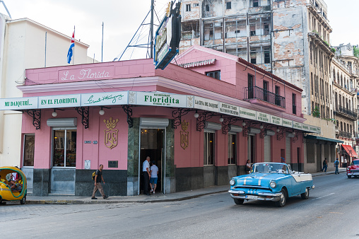 Havana, Cuba - October 23, 2017: Havana Old Street with Famous Floridita Restaurant. Sightseeing Object.
