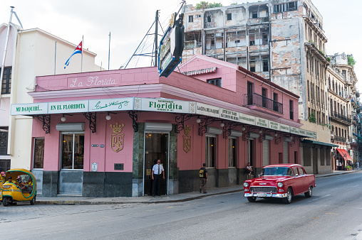 Havana, Cuba - October 23, 2017: Havana Old Street with Famous Floridita Restaurant. Sightseeing Object.