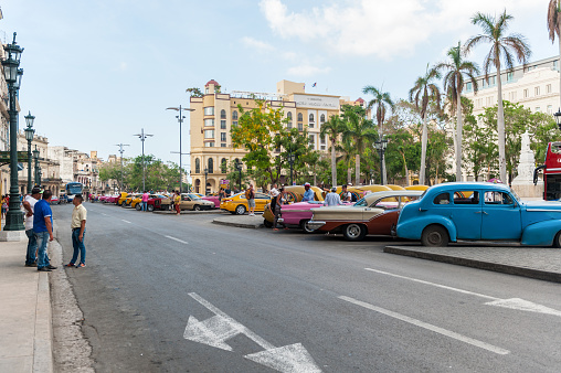 Havana, Cuba - October 20, 2017: Central Park in Havana, Cuba. Old Vehicle in Background.