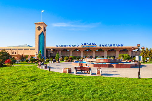 Samarkand, Uzbekistan - April 16, 2021: Samarqand Vokzal building is the main passenger railway station in Samarkand city, Uzbekistan