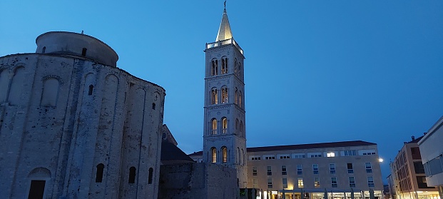 View of the church of St. Donat in the old town, night in Zadar, Dalmatia, Croatia
