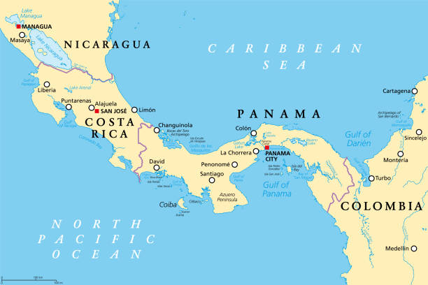 Costa Rica and Panama, Isthmus of Panama and Darien Gap, political map Costa Rica and Panama, political map, with the Isthmus of Panama and the Darien Gap. Narrow strip of land and region between the Caribbean Sea and the Pacific Ocean, linking North and South America. panama illustrations stock illustrations