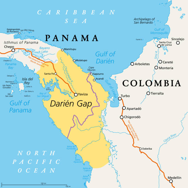 Darien Gap, geographical region in the Isthmus of Panama, political map Darien Gap, political map. Geographical region in the Isthmus of Panama, connecting North and South America with Central America. The gap is in the Pan-American Highway of which a part were not built. panama illustrations stock illustrations