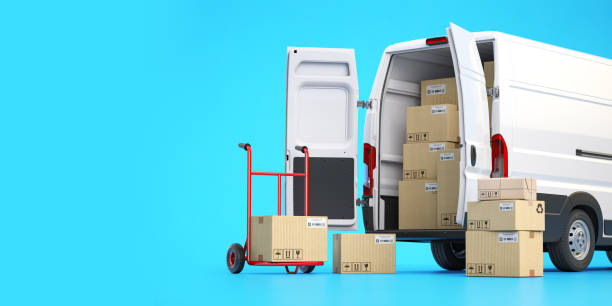 Fast espress delivery concept. Rear view of delivery van with cardboard boxes on blue background. Fast espress delivery concept. Rear view of delivery van with cardboard boxes on blue background. 3d illustration car back open stock pictures, royalty-free photos & images