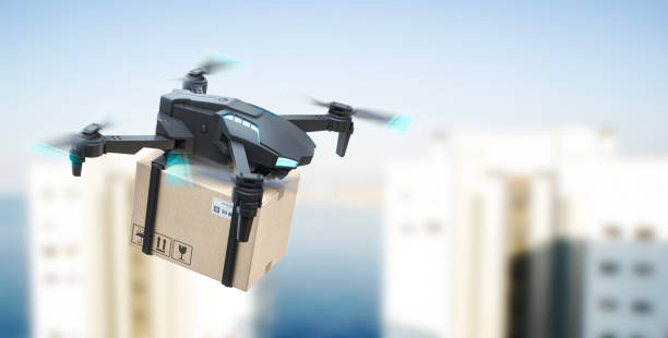 istock Flying delivery drone  with cardboard box. Express delivery concept. 1492034940