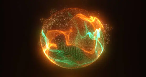 Photo of Abstract green orange energy sphere of particles and waves of magical glowing on a dark background
