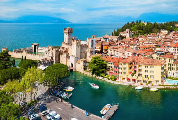 Scaligero Castle aerial panoramic view. Scaligero Castle is a fortress in the historical center of Sirmione town at the Garda Lake in Italy