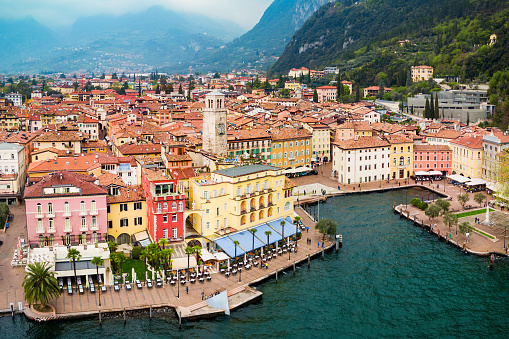 Riva del Garda aerial panoramic view. Riva is a town at the northern tip of the Lake Garda in the Trentino Alto Adige region in Italy.