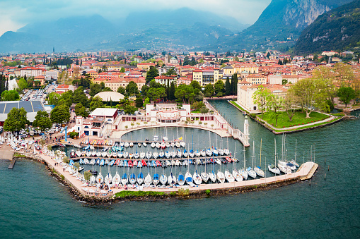 Riva del Garda port aerial panoramic view. Riva is a town at the northern tip of the Lake Garda in the Trentino Alto Adige region in Italy.