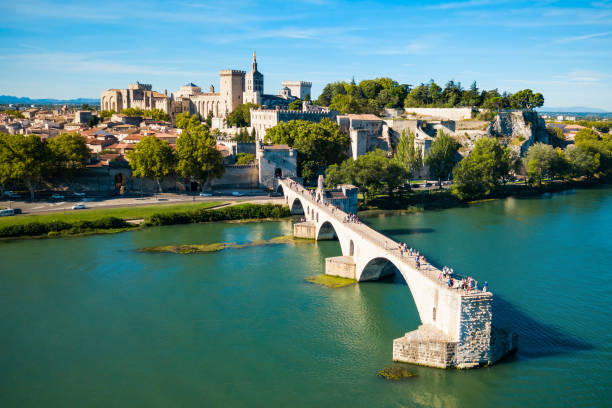 Avignon city aerial view, France Pont Saint Benezet bridge and Rhone river aerial panoramic view in Avignon. Avignon is a city on the Rhone river in southern France. vaucluse stock pictures, royalty-free photos & images
