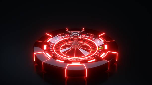 istock Luxury Casino Gambling Roulette Wheel and Chips, 3D Realistic Render With Neon Lights - 3D Illustration 1492037743