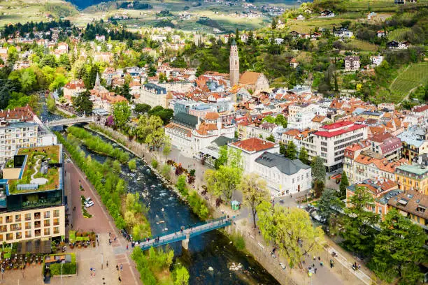 Merano city centre aerial panoramic view. Merano or Meran is a town in South Tyrol in northern Italy.