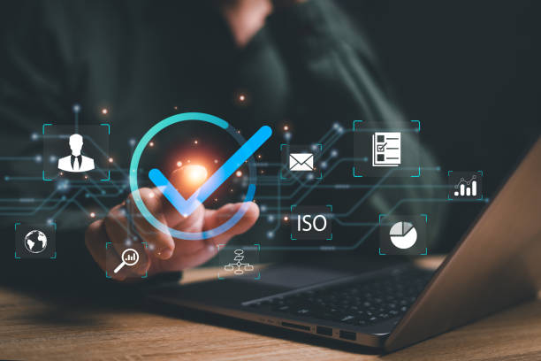 istock Standard quality control certification assurance guarantee concept, Businessman touching a checked icon on a virtual screen and shows the sign of the top service Quality assurance 1492037942