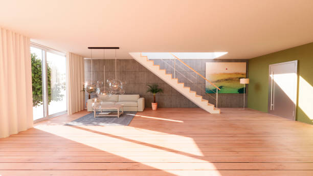 istock Internal view of an open space with staircase and windows, large size, modern and contemporary style. Luxury houses. Natural light. Living room 1492038066