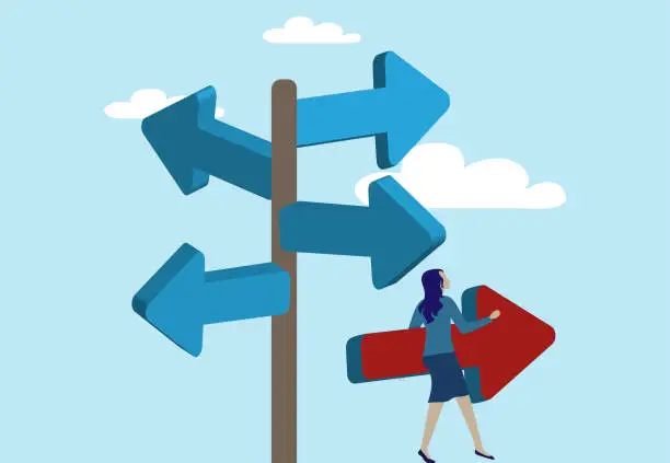 Vector illustration of Business decision making, career path or choose the right way to success concept, businesswoman choose the direction.