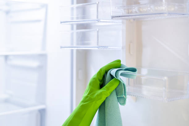 istock Hand cleaning transparent plastic container in opened fridge white door 1492039425