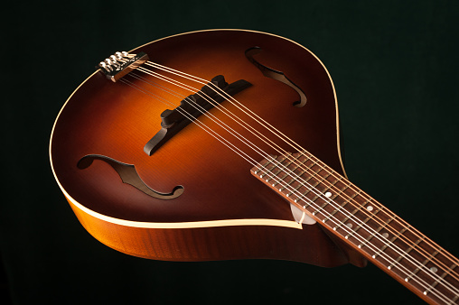 A closer look at the front plate of an A-style mandolin used for oldtime and folk music.