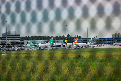 May 2023- Eindhoven, The Netherlands: Planes parked at Eindhoven Airport