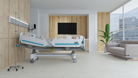 Hospital bed in luxury room design, 3D illustration renderings