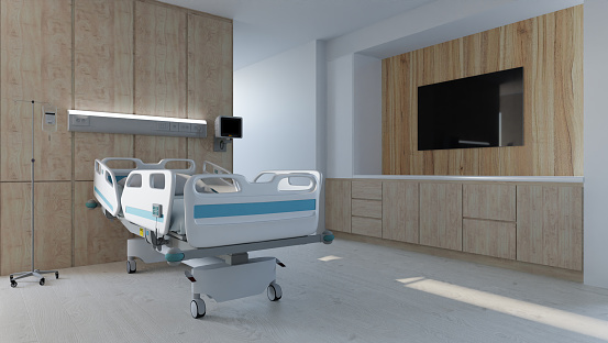 Hospital bed in luxury room design, 3D illustration renderings