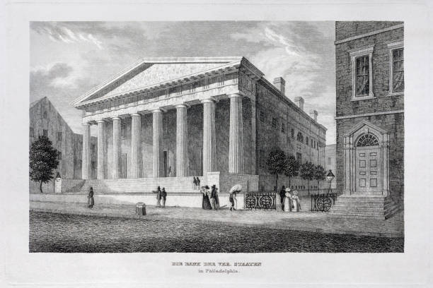 Philadelphia Bank of the United States engraving Rare vintage steel engraving of the National Bank of the United States in Philadelphia, PA (now known as the Second Bank of the United States). Little known illustration published in 1835 in Meyer's Universum, volume 2 paradise pennsylvania stock illustrations