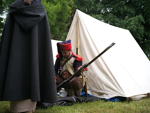 A demonstration of riding and drill of Polish uhlans from 1939, performed by a squadron of a historical reconstruction group. Two knights on horseback in armor