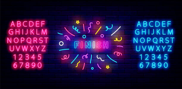istock Finish neon signboard. Game winning label. Confetti frame. Simple inscription. Vector stock illustration 1492046521