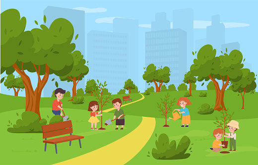 Smiling kids planting trees at park flat style, vector illustration. Care for environment, happy characters, ecological concept. Children planting trees together, save planet