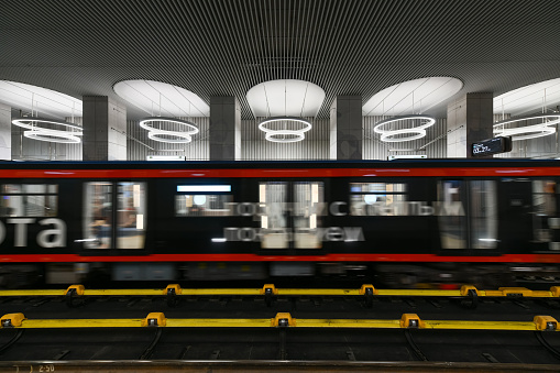 Exhibition of old subway trains of the Madrid subway, on the platforms of line 10 of Chamartin station.