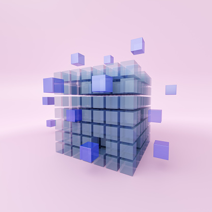 Abstract digital cube and moving elements. Concept of information technology, OLAP database cube, Database, Data analysis, Data mining. 3D rendering.
