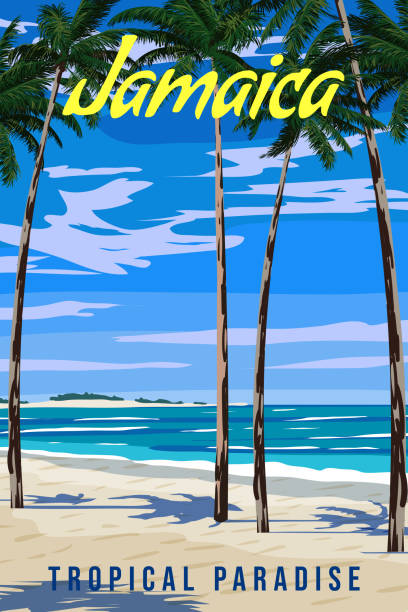 Jamaica Travel poster vintage. Paradise resort, coast beach,, ocean, coast. Retro style illustration vector postcard