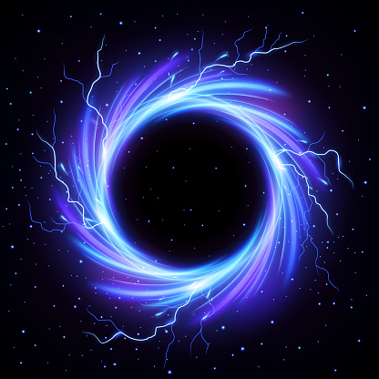 Black Hole Vortex with Lightning Flash Outside, Science Concept Vector Illustration
Made with 100% vector shapes resizable,
No raster and is easy to edit, 
Compatible with Adobe Illustrator version 10, 
Illustration contains transparency and blending effects