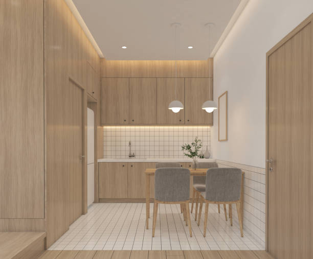 Modern japan style tiny room Modern japan style tiny room decorated with built-in kitchen and dining table, hanging lamp and white tile wall, white tile floor and wood floor. 3d rendering japan small apartment stock pictures, royalty-free photos & images