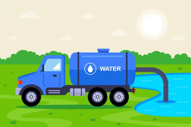 Vector illustration of A blue truck is pumping water out of a lake.