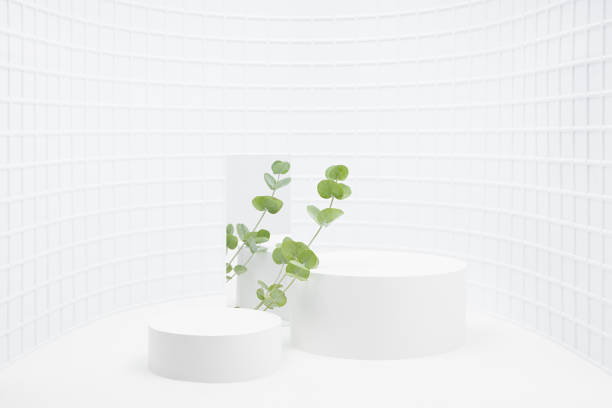 istock Spring abstract white stage with two round podiums mockup for presentation cosmetic products, goods, advertising in round niche with tiny mosaic tile, fresh tender green eucalyptus branches, mirror. 1492054523
