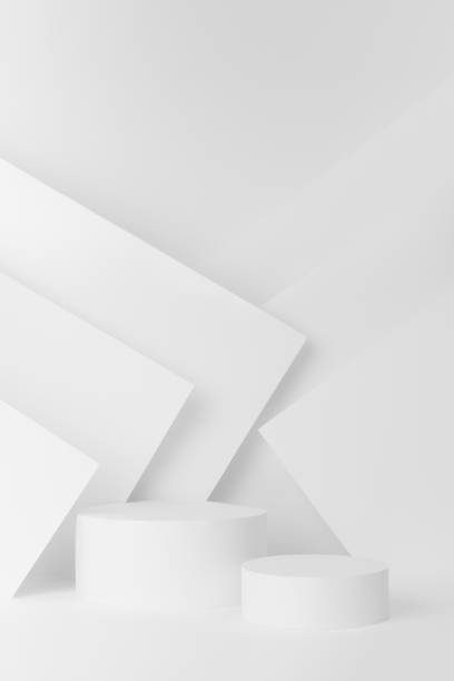 istock Abstract elegant white stage with two cylinder podiums mockup in  minimal urban geometric style - soft light stripes, corners, scene template for advertising, design, presentation cosmetics, vertical. 1492054610