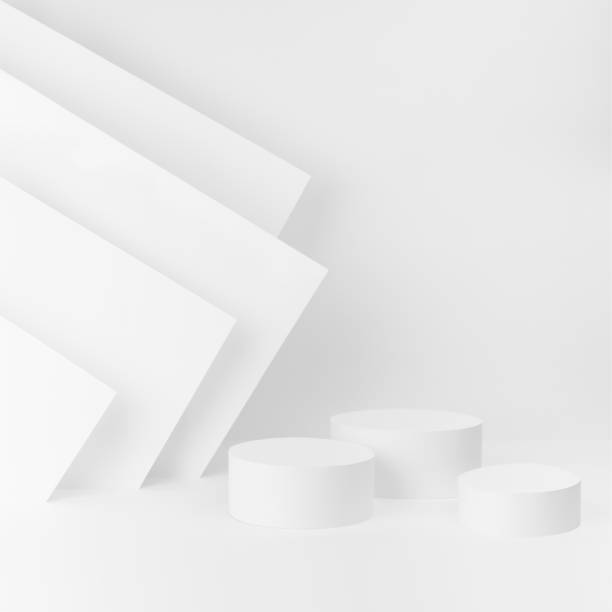 istock Elegant fashion abstract white stage - three cylinder podiums mockup for presentations of cosmetic products, goods, design, sale with light lines, corners in geometric style, copy space, square. 1492054613