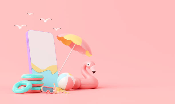istock Minimal Summer pink vacation beach with cute elements Flamingo inflatable ring, smartphone, and other background concept, Display for Product mock-up or Cosmetics with summer pink theme. 3d rendering 1492054827
