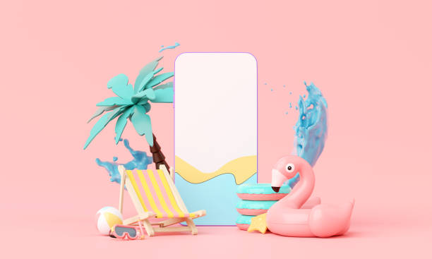 istock Minimal Summer pink vacation beach with cute elements Flamingo inflatable ring, smartphone, and other background concept, Display for Product mock-up or Cosmetics with summer pink theme. 3d rendering 1492054831
