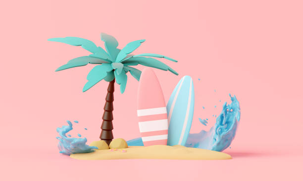 istock Summer pink vacation beach with Minimal Surfboard, island, elements background concept, Realistic Display for Product mock-up or Cosmetics with summer pink theme. minimal cute design. 3d rendering 1492054868