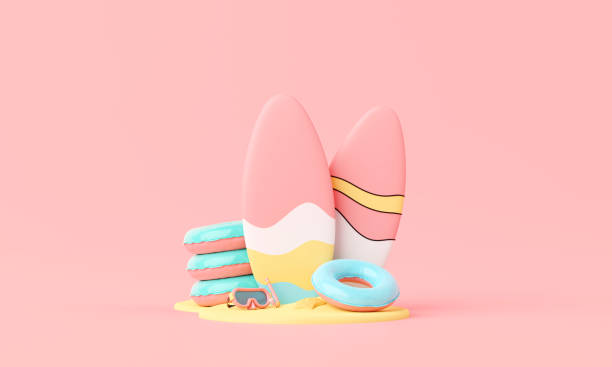 istock Summer pink vacation beach with Minimal Surfboard, island, elements background concept, Realistic Display for Product mock-up or Cosmetics with summer pink theme. minimal cute design. 3d rendering 1492054869