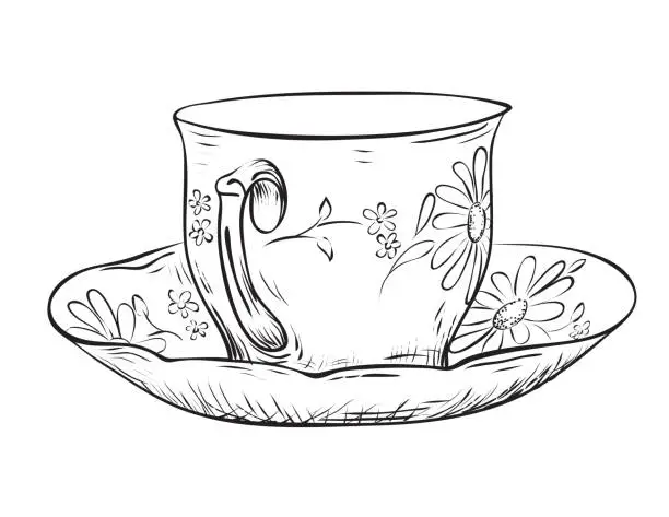 Vector illustration of Black & White Teacup On A Transparent Background