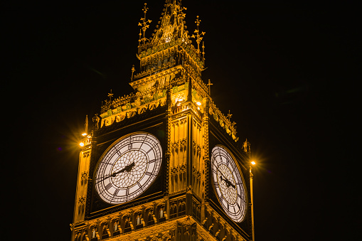 Big Ben clock tower illuminated with lights. Night view of famous monument.
