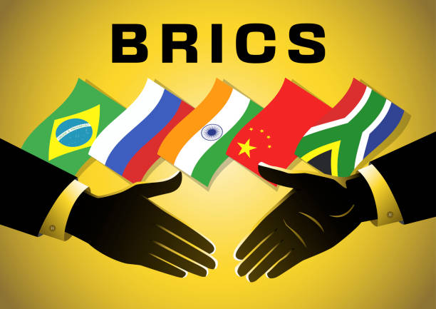 Flags of the BRICS countries on yellow background. An illustration of two businessman hands agreement with flags of the BRICS countries on yellow background brics stock illustrations