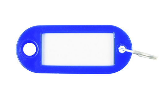Blue keychain with space for text on a white background.