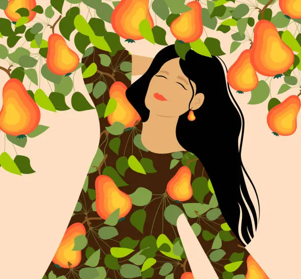 Vector illustration of Beautiful girl in a dress with pear pattern print and pear tree background.