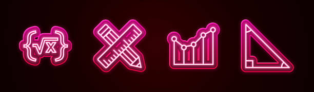 istock Set line Square root of x glyph, Crossed ruler and pencil, Graph, schedule, chart, diagram and Triangle math. Glowing neon icon. Vector 1492065645
