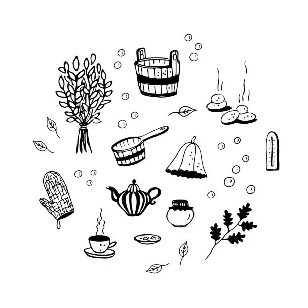 Vector illustration of Sauna set. Bath handicrafts. Graphic sketch set isolated. Sink, ladle, tea, mittens, broom, stones, hat, soap bubbles. Linear doodle graphic design. Black and white image. Vector art illustration.